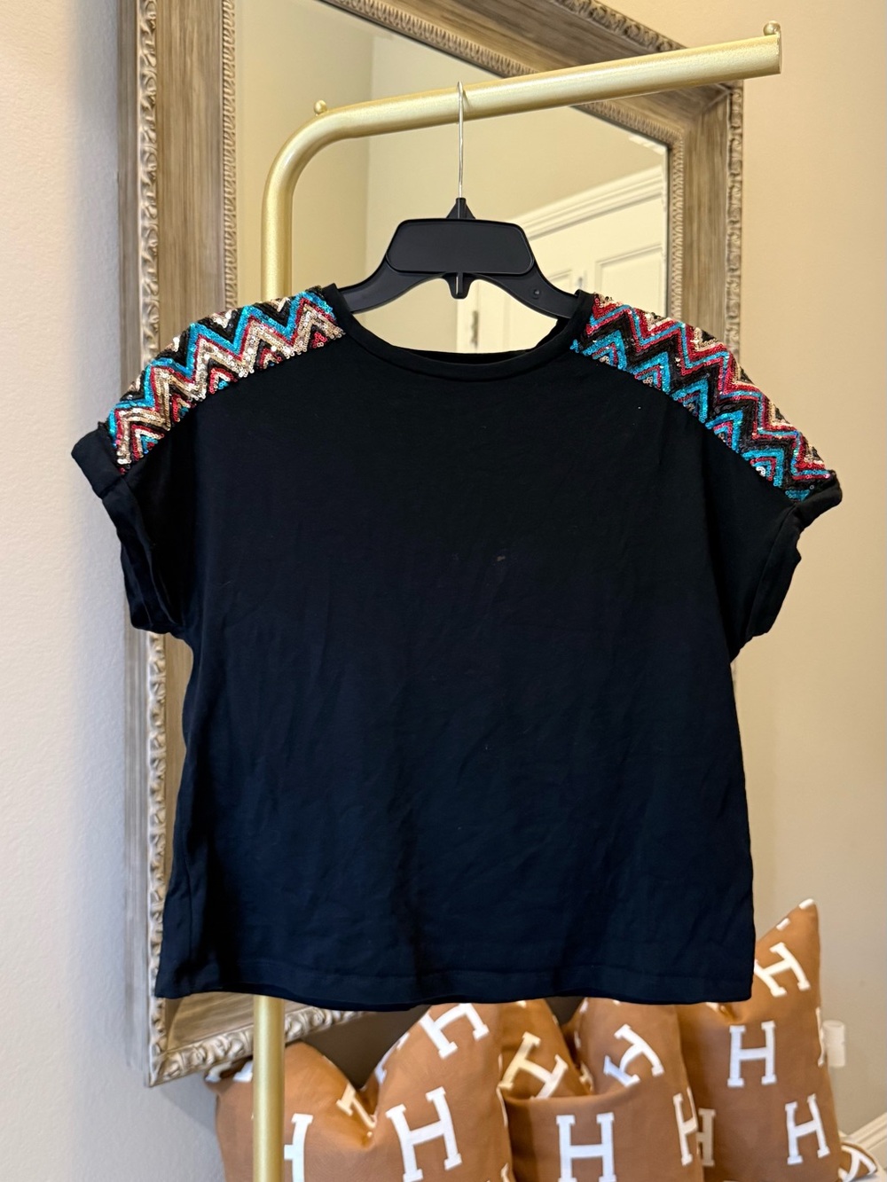 Zara Black Tee with Multicolor Sequin Chevron Shoulders